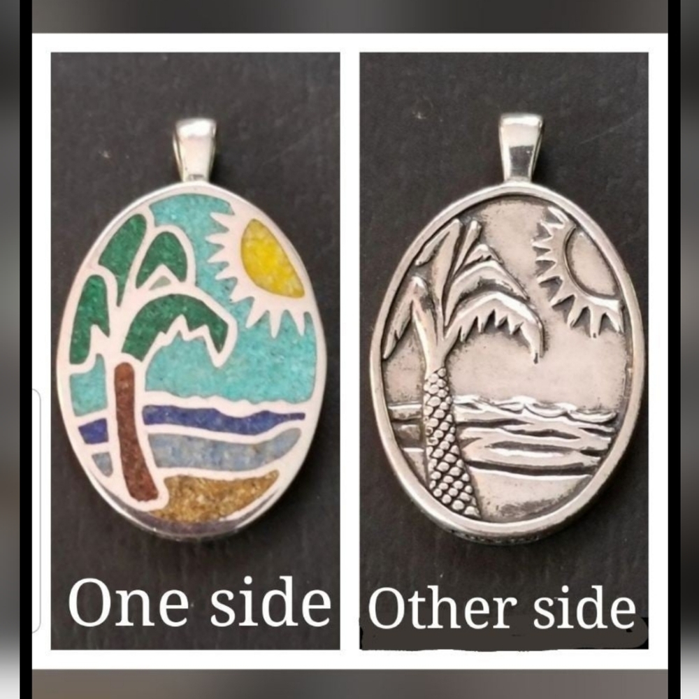 Palm tree ocean beach tropical sterling silver turquoise pendant necklace 925